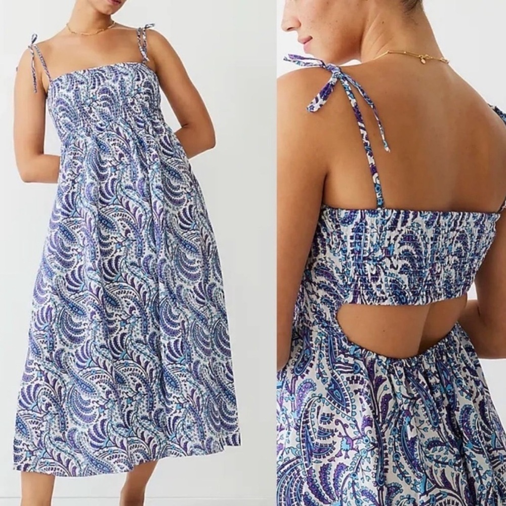 NWT J. Crew Smocked Linen Blend Bandeau Beach Maxi Dress in Purple Paisley Sz XL